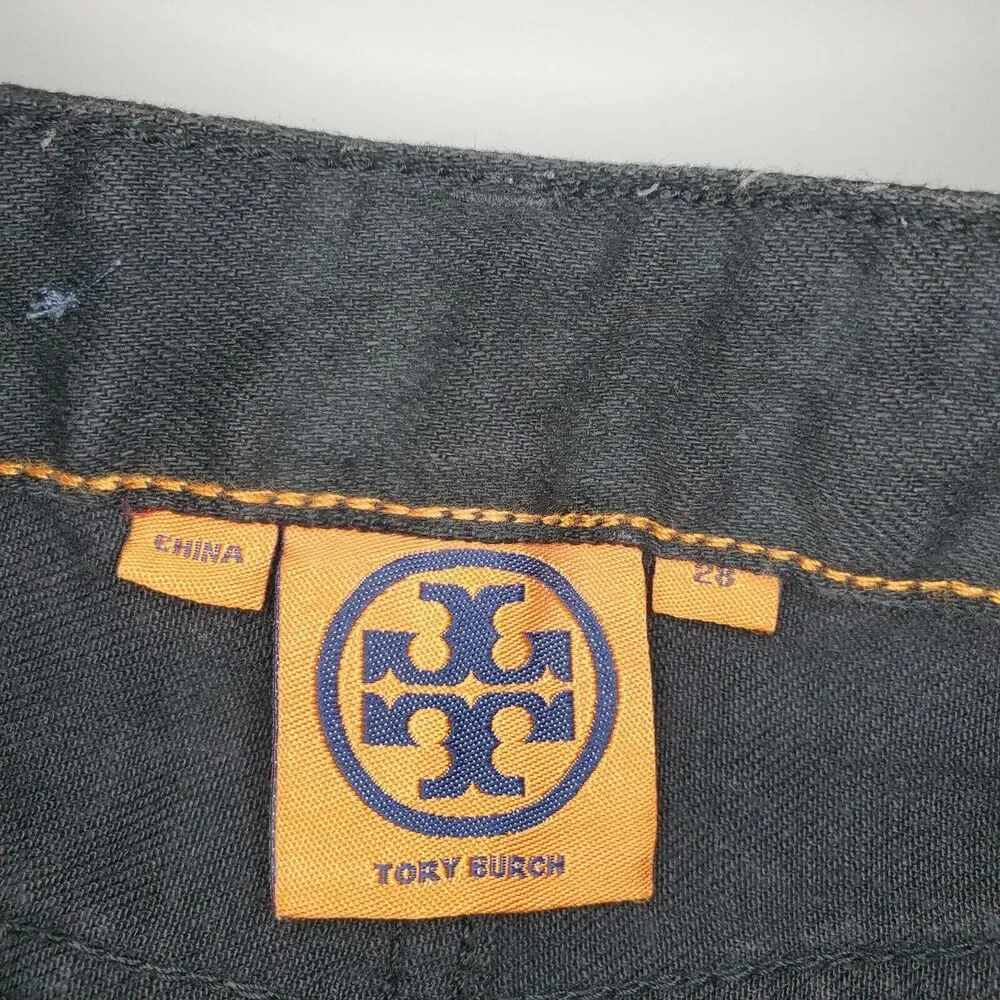 Tory Burch Super Skinny Jeans 28 Black Logo Pocket Mid Rise stretch